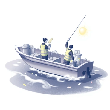 A boat is shown navigating through the ocean, with volunteers onboard actively collecting plastic waste. The volunteers wear safety vests and gloves, with one person using a long-reaching grabber tool to pick up debris from the water. The boat is equipped with nets and storage bins for the collected waste, and some volunteers are tossing plastic items into these containers. The ocean waves create ripples around the boat, while pieces of plastic debris are scattered on the water's surface. A bright sun is shining in the sky, casting shadows onto the boat and its occupants.