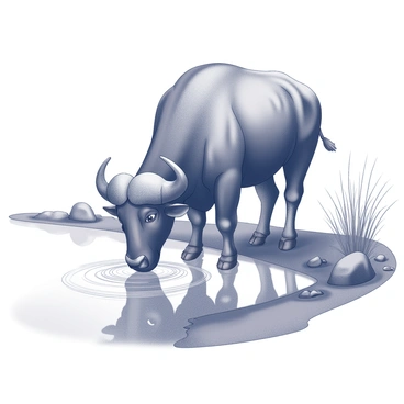 A buffalo is standing at the edge of a stream, with its head lowered as it drinks water. The animal has a large, sturdy body and prominent horns that curve outward. The surface of the stream is calm, clearly showing the buffalo's reflection below. Ripples emanate from where the buffalo's snout touches the water, slightly distorting the reflection. The surrounding area features tall grasses and a few scattered rocks along the bank, adding to the natural setting.