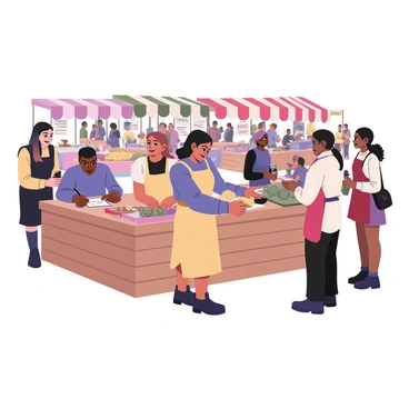 A digital flat illustration depicting a bustling marketplace filled with various stalls and colorful awnings. Several merchants are seen interacting with customers, sitting behind wooden tables filled with goods. One merchant, a man with dark skin and a blue shirt, is tall and is carefully tallying up bills with a pencil on a notepad. A woman with light skin and curly hair, wearing a yellow dress, stands across from him, examining fresh fruits. Another merchant, a woman with medium skin wearing a red apron, is handing a small bag to a child with short hair who looks excited. The marketplace is lively, with many people chatting and browsing through the goods, creating a vibrant atmosphere.