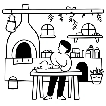 A cheerful hobbit with curly hair is standing at a rustic wooden table, kneading dough for bread. The kitchen is cozy, with large pots and various herbs hanging from the ceiling. A clay oven is built into one wall, with a few loaves of bread already baking inside. Wooden shelves are lined with jars filled with spices and ingredients. The round windows allow light to filter in, illuminating the warm, welcoming space. A small basket of fresh vegetables sits on the counter, adding to the homely atmosphere.