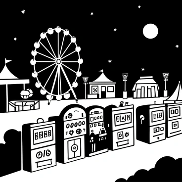 A moonlit fairground scene featuring a row of illuminated vintage slot machines. The slot machines are designed with intricate patterns and ornate details, each adorned with glowing lights. In the background, a Ferris wheel stands tall, casting elongated shadows across the ground. Surrounding the area, tents and booths are set up, showcasing various game and food stalls, all illuminated by soft lights. A pathway leads through the fairground, lined with decorative lampposts. The night sky is filled with stars, enhancing the enchanting atmosphere of the fairground.