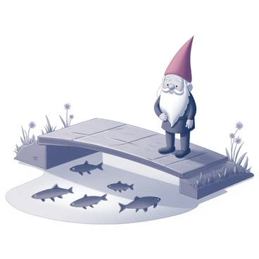 A nisse, a small humanoid figure with a long white beard and a pointed red hat, is standing on a small wooden bridge. The bridge is constructed of weathered planks, showing signs of age with grooves and knots in the wood. Below the bridge, clear water flows gently, revealing several fish swimming gracefully, their shapes visible through the water's surface. Surrounding the bridge, there are patches of grass and small wildflowers, adding detail to the natural setting. The nisse is gazing intently at the fish, creating a sense of focus and curiosity in the scene.