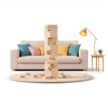 A tall Jenga tower, made of light wooden blocks, is positioned in the center of a cozy living room. The tower is tilting dangerously and a few blocks are already falling away from it, cascading toward the soft, beige carpet below. Nearby, scattered blocks are in disarray, some lying flat while others are teetering. In the background, a plush sofa with colorful cushions and a small coffee table can be seen, along with warm lighting from a floor lamp, creating a comfortable atmosphere in the room.