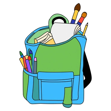 A colorful school bag with a vibrant design, featuring a mix of blue and green colors. The bag is unzipped, and various art supplies are sticking out from the top. There are several paintbrushes of different sizes, their bristles dipped in bright colors. A stack of sketchbooks is partially visible, with one opened to a blank page. The bag has two adjustable straps and a small front pocket. A few markers and a pencil are also peeking out from the side of the bag.