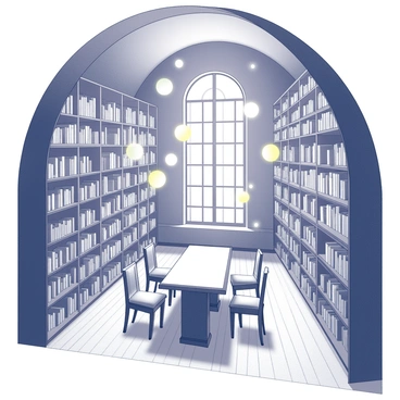 A large, arched room filled with towering bookshelves that stretch up to a vaulted ceiling. The shelves are lined with numerous books stacked neatly and some appearing to float mid-air. Ethereal, glowing orbs are suspended in the air, casting a soft light that illuminates the space. A large wooden table sits in the center, surrounded by several comfortable chairs. The floor is made of polished wood, reflecting the soft glow from the orbs above.