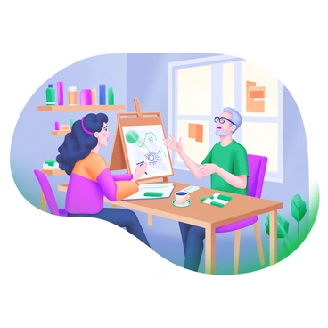 A cozy studio interior featuring a wooden table where an artist and a client are seated across from each other. The artist is a young woman with curly hair, wearing a colorful sweater, sketching ideas in a notebook. The client, an older man with glasses, gestures enthusiastically while holding a cup of coffee. Surrounding them are shelves filled with art supplies, colorful paints, and various illustrations hanging on the walls. A soft, warm light filters through a nearby window, casting gentle shadows across the scene.