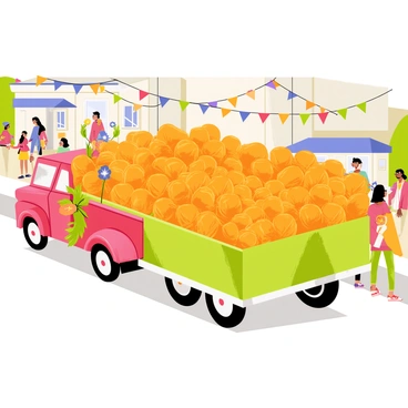 A parade float featuring a large, rectangular platform covered entirely with bright orange California poppies. The float has a glossy green base that contrasts with the vivid flowers. On the sides, there are cascading arrangements of smaller poppies and green foliage. The float is being pulled by a shiny red truck, and there are excited spectators lining the street, some waving flags. The background shows colorful banners and festive decorations hanging between buildings.