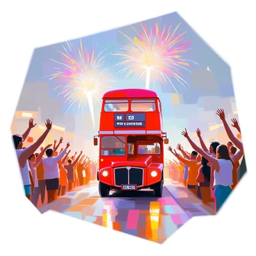 A lively scene capturing festival-goers gathered together, waving goodbye to a bright red double-decker bus as it departs. The bus is prominently featured in the center of the image, showcasing its iconic shape and details. Surrounding the bus, a diverse group of people, dressed in colorful clothing, joyfully wave their hands. Above them, a display of vibrant fireworks illuminates the night sky, with bursts of reds, blues, and yellows. The atmosphere is filled with excitement and celebration, as the departing bus rolls away with the festival backdrop.