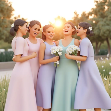 A group of bridesmaids, each wearing matching pastel-colored dresses, stands together in a lush garden setting. The dresses are in shades of soft pink, lavender, and mint green, flowing gently as they move. They are laughing together, with one bridesmaid playfully tugging at another's hair while holding a bouquet of white flowers. The sun sets in the background, casting a warm glow over the scene, highlighting their joyful expressions. Each bridesmaid has styled hair adorned with small floral accents, adding to the cheerful atmosphere.
