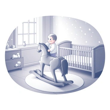 A vintage nursery setting with soft textures and warm lighting. In the center, a baby with rosy cheeks is sitting on a classic wooden rocking horse. The horse has intricate carvings and a natural finish, reflecting its craftsmanship. Surrounding the baby are plush toys and a neatly arranged crib, with patterned wallpaper adding a charming touch to the room. A soft rug lies on the floor, and a large window allows gentle light to illuminate the scene. The atmosphere feels inviting and nostalgic.