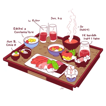 A vibrant arrangement of various Japanese dishes is displayed on a wooden table. There are several small bowls filled with colorful sushi, including pieces of salmon, tuna, and avocado. A steaming bowl of miso soup sits alongside a plate of neatly arranged sashimi. In the center, there is a colorful bento box that includes rice, pickled vegetables, and a slice of teriyaki chicken. Surrounding the dishes, there are different types of sake in elegant glassware, reflecting light. Each drink is labeled with its name in elegant script, enhancing the overall presentation of the spread.