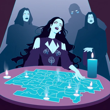 Bellatrix Lestrange with long, wild black hair and pale skin is sitting at a round table. She has a manic expression, her dark eyes gleaming with excitement. She is wearing a tattered black dress adorned with intricate silver patterns. The table is surrounded by shadowy figures, all dressed in dark robes, their faces obscured. Dim light from flickering candles casts eerie shadows around the room, highlighting Bellatrix's intense demeanor as she leans forward, speaking passionately. A large, mysterious artifact rests on the table, and a map of Hogwarts with various markings is spread out before them.