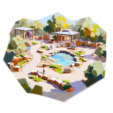 A detailed zoo exhibit floor plan showcasing a variety of animal enclosures and interconnected pathways. The layout includes distinct sections for different types of animals, such as a large enclosure for lions featuring a rocky landscape, a spacious area for elephants with a water feature, and a vibrant space for colorful birds with lush greenery. The pathways are clearly marked, winding through the zoo and allowing visitors easy access to each exhibit. Benches and shaded rest areas are strategically placed along the routes, and informative signs are positioned near each enclosure to provide details about the animals.