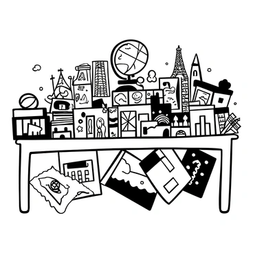 A table covered in a variety of postcards arranged haphazardly, showcasing different landmarks and scenes from around the world. Each postcard features intricate details of famous places, cultural symbols, and vibrant patterns. Some postcards are stacked atop others, while a few are slightly fanned out to display their designs. In the background, there are small props that represent various cultures, such as a globe and travel-themed items like a compass and a miniature Eiffel Tower. The scene conveys a sense of travel and exploration, emphasizing global connections.