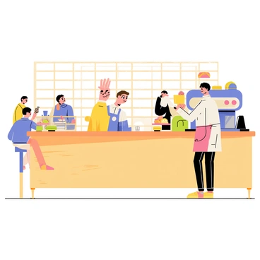 A barista catching a cup of coffee just before it tips over on a bustling café counter.