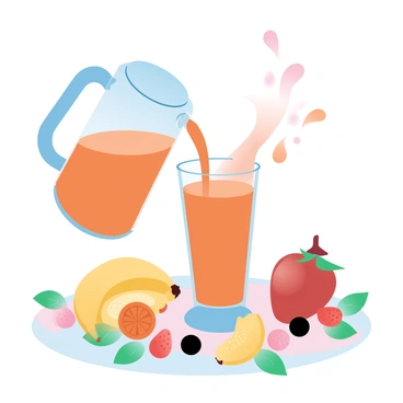 A sweet potato smoothie is being poured from a clear pitcher into a tall glass. The smoothie has a vibrant orange color, reflecting its sweet potato base. Surrounding the glass are various fruits, including bananas, ripe oranges, and fresh berries, arranged artistically. The table surface is adorned with green leaves, adding a touch of nature to the scene. A few droplets of the smoothie are splashing as it fills the glass.