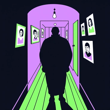 A shadowy figure stands in a dimly lit hallway, partially obscured by darkness. The figure is tall and slender, with indistinguishable features, creating an eerie presence. The walls of the hallway are lined with faded family portraits, each depicting expressions of sorrow and nostalgia. At the far end of the hallway, there is a single, flickering light bulb hanging from the ceiling, casting elongated shadows. The floor is wooden, with creaking boards that add to the haunting atmosphere. A sense of emptiness permeates the space, as if the weight of lost memories lingers in the air.