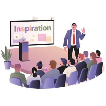 A CEO standing confidently on a stage while delivering an inspiring speech to a large audience. The CEO is a middle-aged person with dark hair, wearing a tailored navy suit, a white shirt, and a red tie. They are gesturing with their right hand, emphasizing key points. The audience consists of men and women of diverse backgrounds, sitting in rows, attentively listening. Bright stage lights illuminate the speaker, creating a warm atmosphere. Behind the CEO, a large screen displays the words "Inspiration" in bold letters along with a colorful graphic related to growth and success. The room is filled with modern decor, including potted plants on the sides.