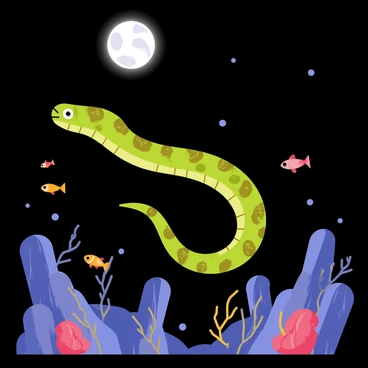 A moray eel with a long, slender body and patterned green and brown scales is swimming through dark waters. The eel's bright eyes reflect the moonlight, illuminating its face as it gracefully navigates the underwater landscape. Surrounding it are various rocks and coral formations, casting shadows in the dim light. Small fish dart in and out from the coral, adding movement to the scene as the moray eel hunts for its prey in the serene, moonlit environment.