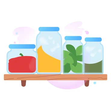 A collection of jars filled with vibrant spices, each jar prominently displaying its label. The jars are arranged neatly on a wooden kitchen shelf, showcasing a variety of spices including red paprika, yellow turmeric, and green basil. The background reveals a soft gradient of pastel colors, enhancing the vividness of the spices. The shelf itself has a rustic charm, with subtle wood grain visible, contributing to the warm and inviting kitchen atmosphere. Each jar reflects light, creating a slight shimmer that adds depth to the overall scene.