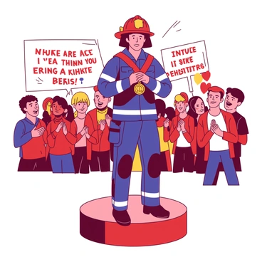 A red firefighter is standing proudly on a small stage, wearing a dark blue uniform with a shiny helmet. In their hands, they hold a gleaming gold medal, which catches the light. Behind the firefighter, a cheering crowd is visible, with many people clapping and smiling. Some crowd members are holding colorful banners with supportive messages. The scene captures a moment of celebration and recognition in a bright atmosphere, emphasizing the importance of the firefighter's bravery and dedication.