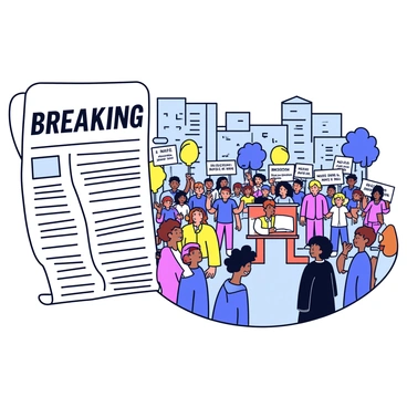 An opinion column featuring an illustration that captures a recent news event. The illustration shows a newspaper with a bold headline that reads "Breaking News" in large letters. To the side of the newspaper, there is a detailed depiction of a crowd of diverse people gathered in a public square, some holding signs with various messages. The background includes buildings and trees, creating a lively urban atmosphere. A few people are animatedly discussing, while others are looking towards a speaker at a podium in the center of the scene.
