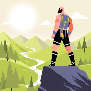 Kratos, a muscular figure with a prominent beard, stands triumphantly on a rocky mountain peak. He is wearing armor that glistens under the sunlight, with a red tattoo visible on his left arm. The landscape below him is vast and majestic, featuring rolling green hills, a winding river that sparkles in the distance, and towering trees reaching towards the sky. Fluffy white clouds drift overhead, and the sun casts a warm glow across the scene, highlighting Kratos's strong stance as he gazes into the horizon.
