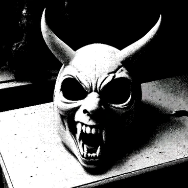 A mask with demonic features resting on an ancient wooden table