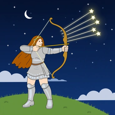 A mythical archer shooting arrows made of shooting stars into the night sky