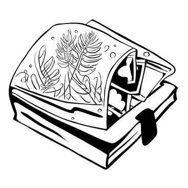 A vintage photo album resting on a wooden table. The cover of the album features intricate embossed ferns, creating a textured and elegant design. The album is slightly open, revealing the edges of several black-and-white photographs peeking out. Soft shadows are cast across the table surface, enhancing the details of the embossed ferns.