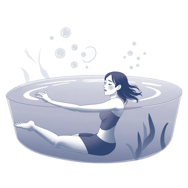 A person is fully submerged underwater, with their body positioned horizontally. The water creates ripples around them, enhancing the sense of immersion. Small bubbles are rising to the surface, each bubble enclosing a distinct "worry" or "fear." The bubbles vary in size and float upward gracefully, capturing the light in unique ways. The person's expression reflects a mix of contemplation and concern, while their arms are gently outstretched, and their hair flows around them in the water. The surrounding underwater scene shows some aquatic plants gently swaying with the current, adding to the overall atmosphere.