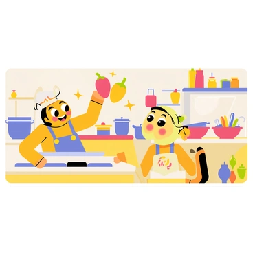 A comic strip panel featuring a cartoon-style fourchette character with a smiling face and large expressive eyes. The fourchette is wearing a small chef's hat and a colorful apron. It is set in a vibrant kitchen filled with various cooking utensils and ingredients, such as bright vegetables and pots. The fourchette is joyfully exploring different cooking stations, with a backdrop of a large stove and shelves lined with spices. In the panel, the fourchette is shown reaching for a colorful bell pepper, with excited sparkles around it, emphasizing its culinary adventure.