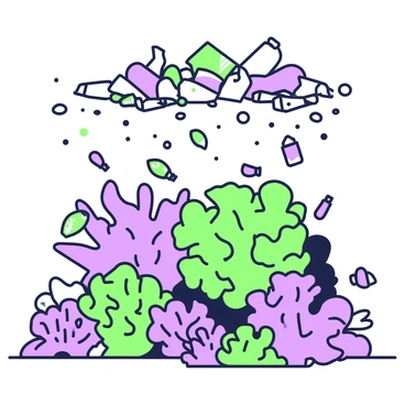 A coral reef is positioned at the bottom of the image, displaying a variety of corals with intricate shapes and textures. Above the reef, there is a layer of floating plastic waste, including bags, bottles, and other debris, obscuring the sunlight. The reef is populated with different marine life, such as colorful fish swimming around the coral structures. Some fish have distinct patterns and sizes, contributing to the biodiversity of the scene. The plastic waste casts shadows over the corals, creating a contrast between the vibrant reef and the pollution above.