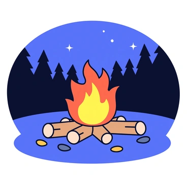 A cozy campfire at night, centered around a triangle made of three logs arranged to form its base. The flames are bright orange and yellow, flickering upwards, illuminating the area around the campfire. The glowing embers can be seen scattered on the ground. The background is filled with dark silhouettes of trees under a starry sky, enhancing the warmth of the fire. A few small stones encircle the campfire, providing a safe boundary.