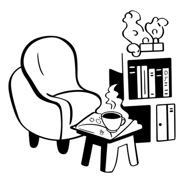 A steaming cup of coffee placed on a small wooden table in a cozy corner of a room. An open illustration book lies next to the cup, featuring intricate black-and-white drawings. Behind the table, there is a plush armchair with a soft blanket draped over it. A small bookshelf filled with various books is positioned nearby, adding to the warm atmosphere. A soft light source casts gentle shadows, enhancing the inviting feel of the space.