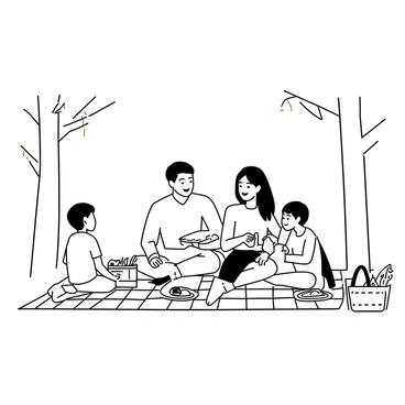 A family sitting together on a large checkered blanket spread out on the grass. The parents are smiling, with the father holding a sandwich and the mother pouring drinks from a container. Two children, a boy and a girl, are happily playing with a frisbee nearby. A picnic basket is opened next to them, showcasing various food items like fruits and snacks. Surrounding the scene are several tall trees, their branches reaching out overhead, creating a natural canopy.