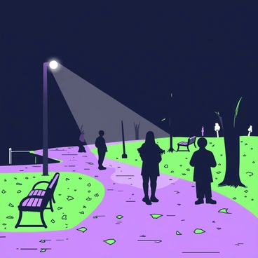 A dimly lit park is visible, with trees casting long shadows across the ground. Near the edge of the park, there are several shadowy figures standing in various poses. These figures are indistinct and blend into the darkness, with no clear features or details visible. The ground is covered with fallen leaves, and faint outlines of park benches can be seen in the shadows. A mist hangs in the air, adding an element of intrigue to the scene. The faint glow of a distant streetlight can be observed, illuminating parts of the path.