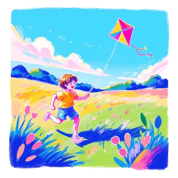 A child with short brown hair is running joyfully across a vast green field. The child is wearing a bright yellow t-shirt and denim shorts. In their hand, they hold a long string attached to a vibrant kite that is soaring high in the blue sky. The kite features an array of colors including red, blue, and green, fluttering in the wind. The sun is shining brightly, casting shadows on the grass, and there are a few fluffy white clouds scattered in the sky.