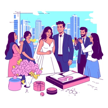 A modern urban wedding scene takes place in a bustling city setting. In the foreground, a couple stands together, smiling joyfully as they participate in a dowry exchange. The bride wears a sleek white wedding dress with a delicate lace overlay, while the groom is dressed in a stylish navy suit. Surrounding them are friends and family, all dressed in elegant attire, capturing the moment with their smartphones.

In the background, a vibrant city landscape is visible, with tall buildings and a clear blue sky. A beautifully arranged table is set nearby, adorned with floral centerpieces in shades of pink and yellow. Traditional items for the dowry, including decorative boxes and gifts, are displayed prominently on the table. The atmosphere is filled with excitement and love as the ceremony unfolds amidst the urban backdrop.