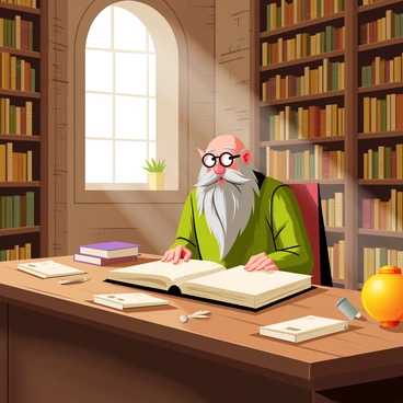 A wise dwarf with a long, gray beard is sitting at a large wooden table in a vast library. The dwarf is wearing round spectacles and is deeply focused on an ancient tome, which is open in front of him. The library is filled with tall, wooden bookshelves that reach the ceiling, crammed with numerous dusty books. Soft rays of light filter through large arched windows, illuminating the dust particles in the air. A few scattered scrolls and quills are on the table, and a glowing orb sits on a nearby shelf, adding a warm light to the scene.