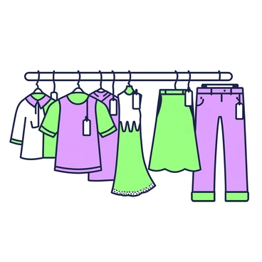 A rack of clothing items displayed in an organized manner. Each article of clothing is distinct, featuring various styles such as shirts, dresses, and pants. Price tags dangle from each piece, clearly visible and attached to the clothing. The fabric textures of the items range from smooth to soft with visible patterns. The clothing rack is set against a plain background, emphasizing the details of each item.
