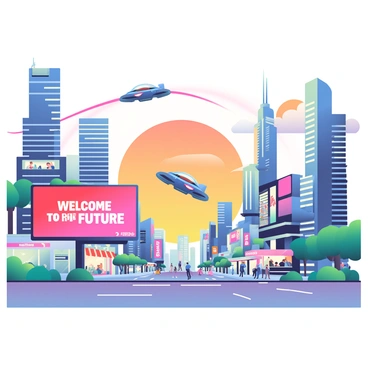 A futuristic cityscape stretches across the horizon, with tall skyscrapers that emit a blue and purple glow as the sun sets in the background. The sky is painted in warm orange and pink hues, creating a vibrant contrast against the high-tech architecture. Flying cars with sleek designs zip between the buildings, leaving trails of light in their wake. The streets below are bustling with activity, illuminated by the neon lights of various shops and advertisements. A large digital billboard displaying a bright "Welcome to the Future" message is prominent in the scene, adding to the modern atmosphere.