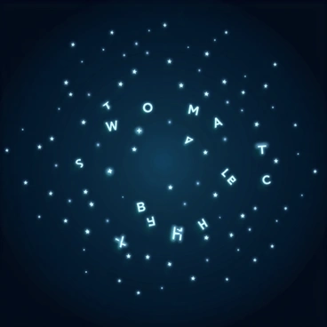A night sky filled with countless stars, shining brightly against a deep blue backdrop. The constellations are creatively arranged to form various "letters" and "words," each one distinctly visible among the twinkling stars. Some constellations resemble familiar letters, while others combine to spell out short phrases, illuminated by celestial light. The scene is peaceful, evoking a sense of wonder as the stars create a celestial alphabet across the expanse of the night sky.