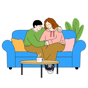 A couple sitting closely together on a bright blue couch. One partner, with short black hair and wearing a cozy green sweater, is leaning slightly towards the other, offering comfort. The other partner has long wavy brown hair and is wearing a soft pink hoodie, looking down with a thoughtful expression. The arm of the comforting partner is gently wrapped around the shoulders of the other, providing a sense of warmth and support. The room is cozy, with a few cushions scattered on the couch and a small coffee table in front of them, holding a steaming mug. A plant in the background adds a touch of greenery to the scene.