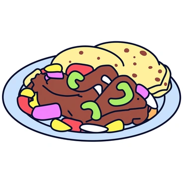 A colorful round plate filled with sizzling beef fajitas. The beef is browned and juicy, surrounded by vibrant bell peppers in red, green, and yellow, along with sliced onions that are slightly caramelized. Next to the fajitas, there are warm, soft tortillas stacked neatly. The plate is placed on a simple, light-colored tablecloth.