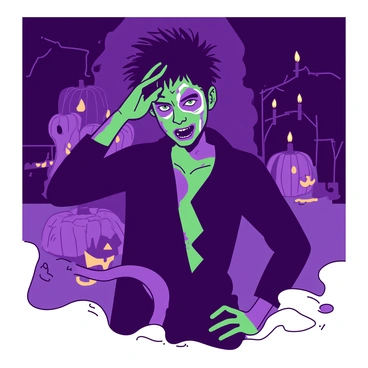 A teenager with intricate green and purple zombie face paint is striking a dramatic pose in a dark Halloween setting. The teenager is wearing a ripped black shirt and has wild hair that adds to the eerie atmosphere. In the background, there are dimly lit carved pumpkins with flickering candlelight, casting shadows on the ground. Wisps of fog are curling around the teenager's feet, enhancing the spooky vibe of the scene. The teenager's expression is fierce and intense, embodying the spirit of Halloween.