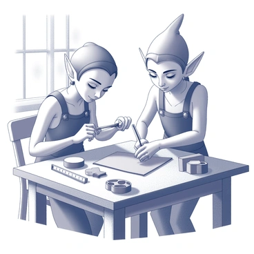 Two elves are focused on their task at a small wooden workbench. One elf, with pointed ears and delicate features, holds a piece of leather in place, while the other elf, wearing a leather apron, uses a small knife to cut the leather with precision. Tools are scattered across the workbench, including a measuring tape, a few leather scraps, and a set of wooden molds. Sunlight filters through a nearby window, casting gentle shadows and highlighting the fine details of their craftsmanship.