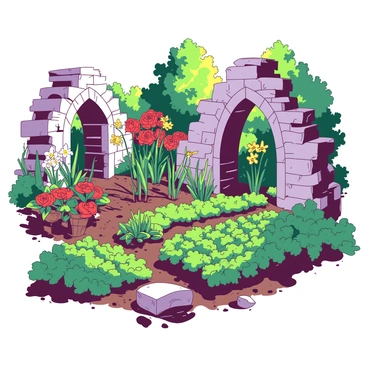 A vibrant secret garden is flourishing amidst crumbling stone ruins. The garden is filled with an array of colorful flowers, such as red roses and yellow daffodils, creating a lively contrast against the weathered stones. In the garden, rows of green vegetables are growing, including leafy greens and bright orange carrots peeking through the soil. Sunlight filters through the overgrown vines, casting a warm glow on the scene. The atmosphere is filled with the rich colors of nature reclaiming the space, with the ruins providing a rustic backdrop.