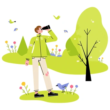 A person with short brown hair wearing a green jacket is quietly observing birds through black binoculars. The scene is set in a scenic park with lush green trees in the background and colorful flowers scattered throughout. The person stands on a grassy patch, with a small bird perched on a nearby branch, and several other birds can be seen flying in the sky. Sunlight filters through the leaves, casting dappled shadows on the ground.