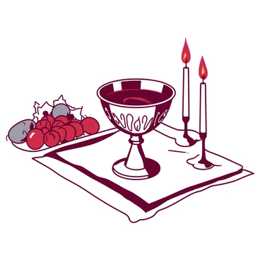 A silver kiddush cup is filled to the brim with deep red wine, reflecting soft light from nearby candles. The cup is ornately designed with intricate engravings, showcasing elegant patterns. The setting is on a crisp white tablecloth, which contrasts beautifully against the metallic silver of the cup. In the background, there are subtle hints of festive decorations, enhancing the atmosphere for a blessing.